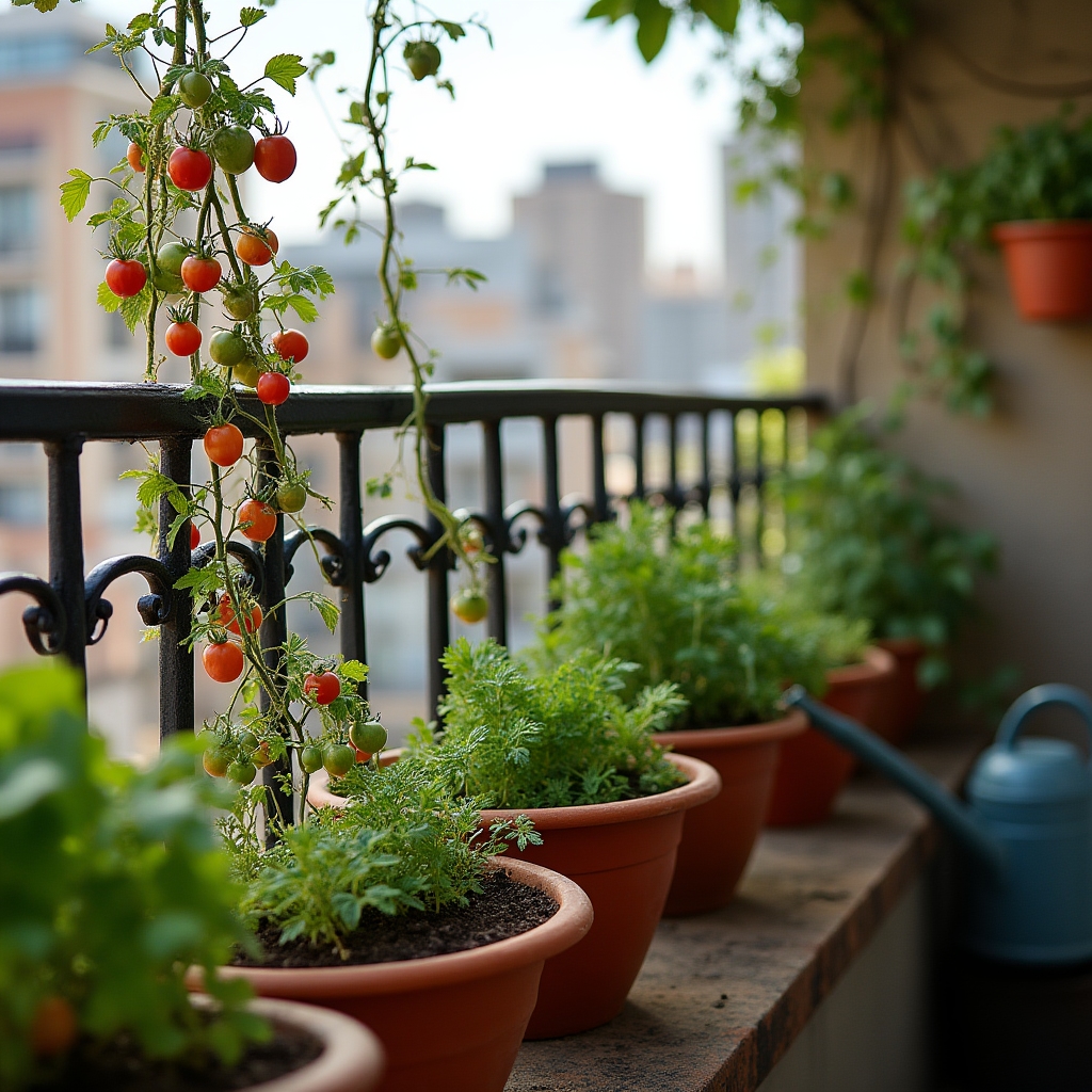 Macetas con vegetales en balcón urbano de departamento