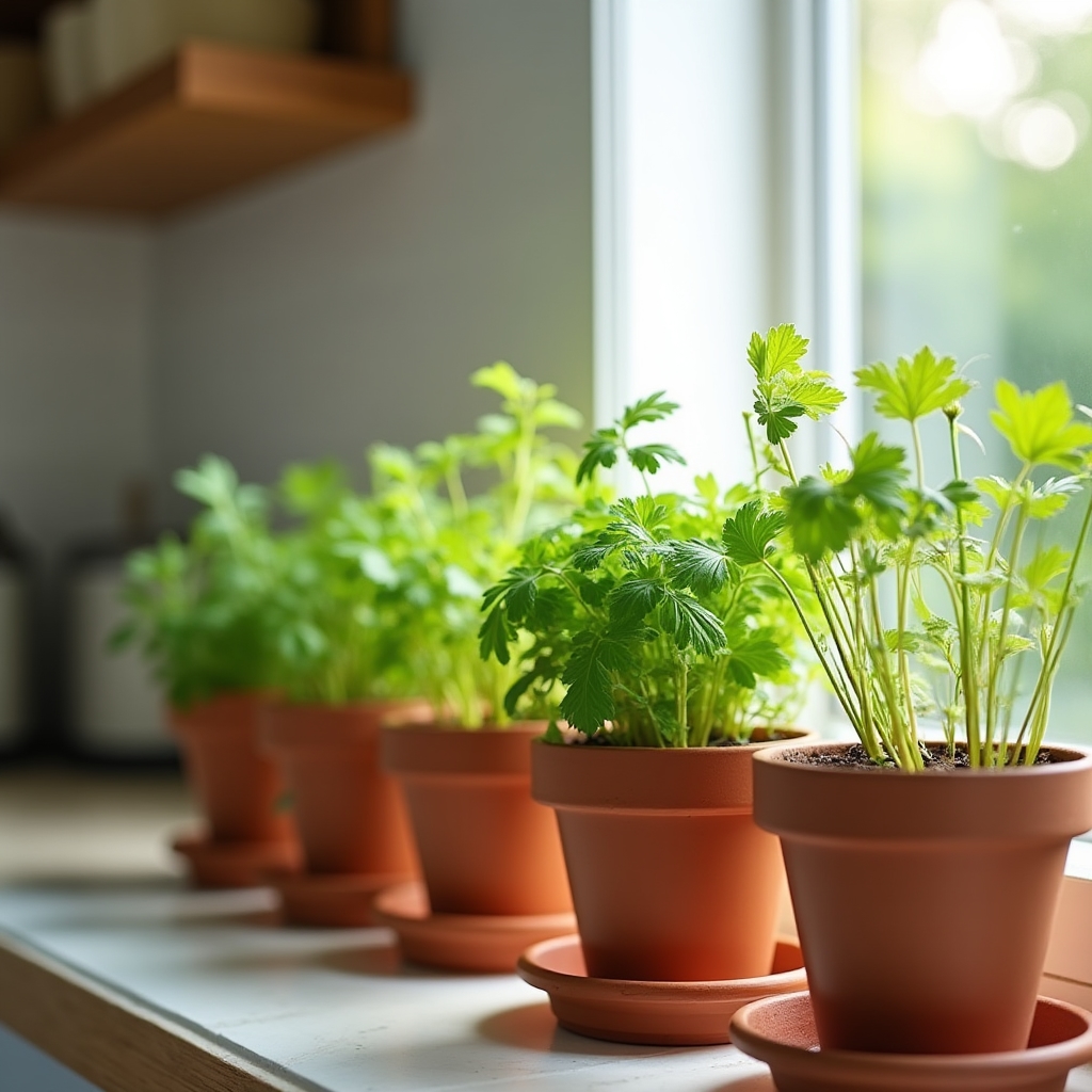 Hierbas aromáticas creciendo en repisa junto a ventana con luz natural
