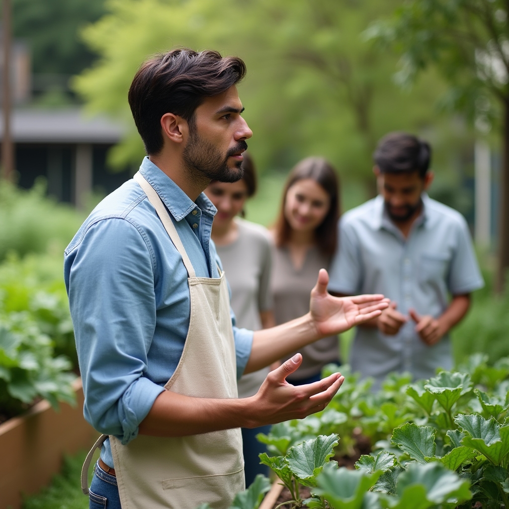 Instructor explicando técnicas de cultivo a grupo de participantes en huerta