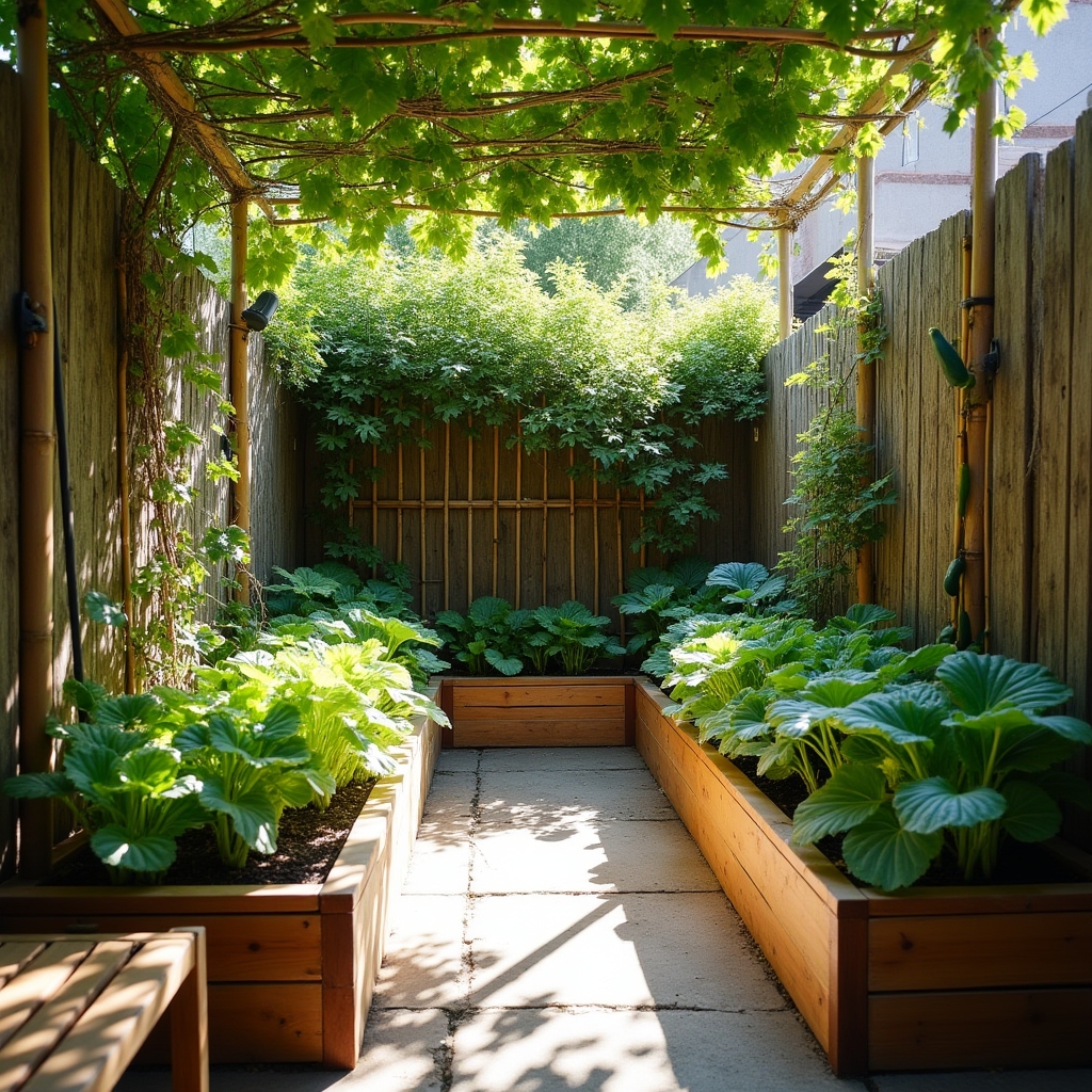 Cama elevada de madera con hortalizas en patio pequeño