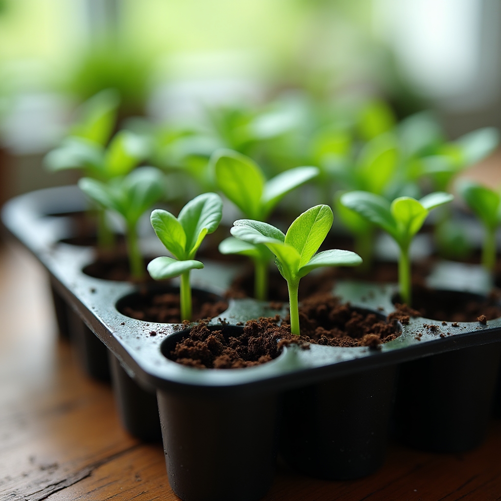 Bandeja de germinación con plantines de hortalizas en distintas etapas