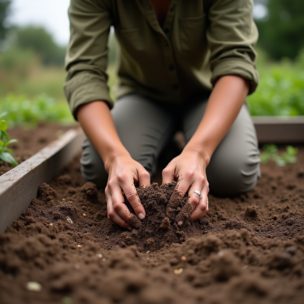 Manos preparando suelo rico en compost para huerta doméstica